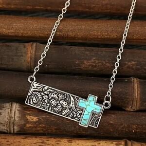 Boho Western Turquoise Cross Bar Pendant Necklace Silver & Turquoise